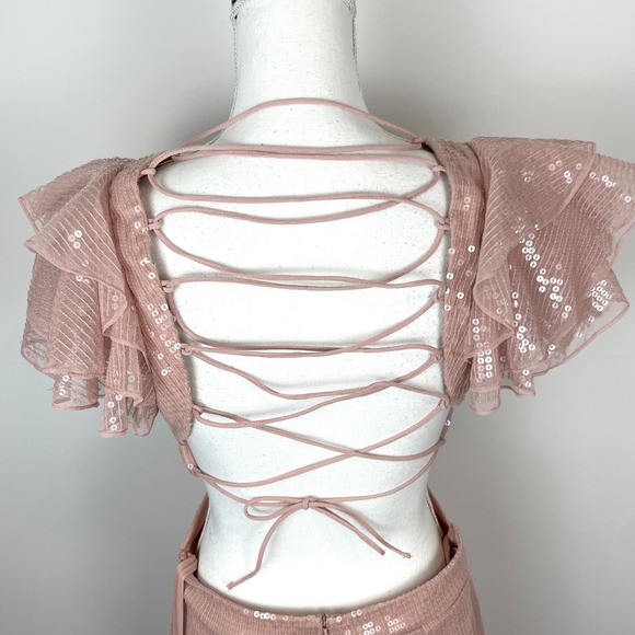 Mac Duggal Sequined Ruffled Cut Out Lace Up Gown In Rose Pink 10829 Size 8 New - Picture 10 of 16